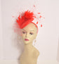 Red Sinamay Fascinator Hat: Goose & Rooster Feather Flowers