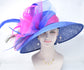 Royal Blue Sinamay Derby Hat: Hot Pink Feather Flowers & Peacock Feathers
