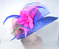 Royal Blue Sinamay Derby Hat: Hot Pink Feather Flowers & Peacock Feathers