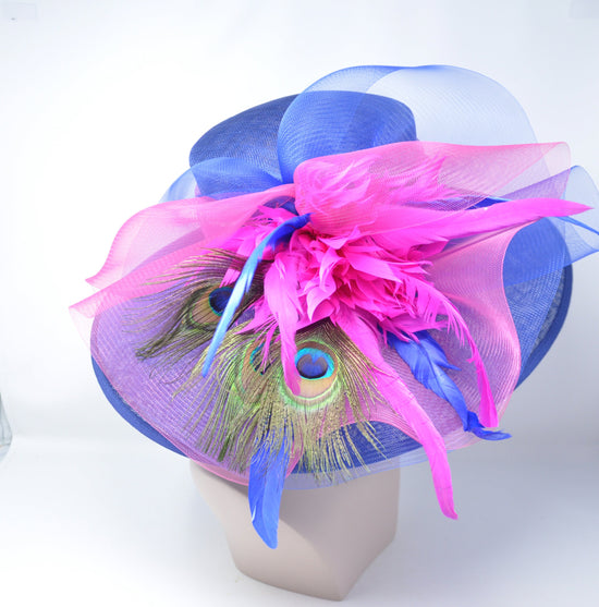 Royal Blue Sinamay Derby Hat: Hot Pink Feather Flowers & Peacock Feathers