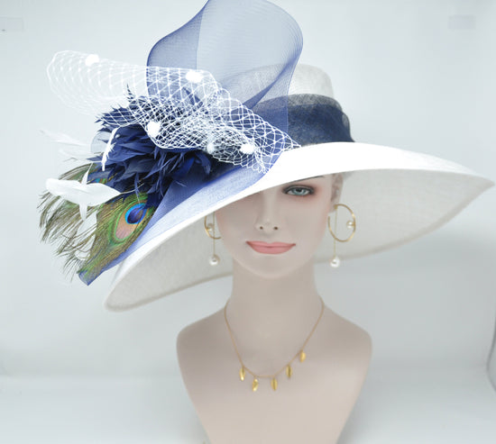 Church Kentucky Derby Hat Wide Brim Sinamay Hat  Carriage Tea Party Wedding  White with Navy Blue Peacock Feathers