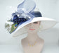 Church Kentucky Derby Hat Wide Brim Sinamay Hat  Carriage Tea Party Wedding  White with Navy Blue Peacock Feathers