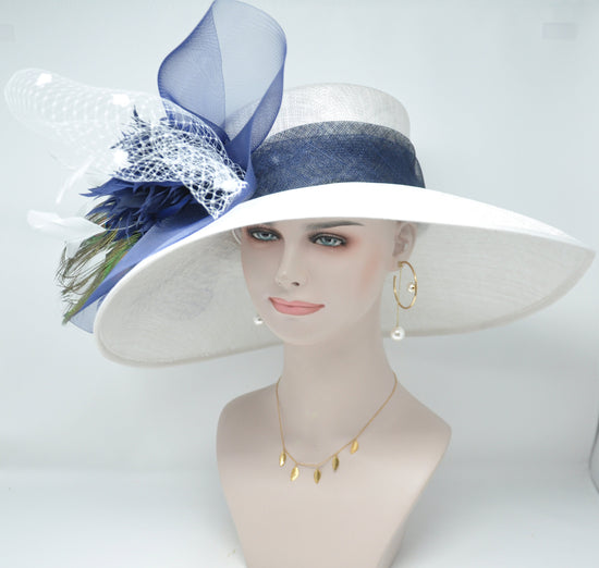 Wide Brim Sinamay Derby Hat - White, Navy Blue Peacock Feathers