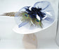 Church Kentucky Derby Hat Wide Brim Sinamay Hat  Carriage Tea Party Wedding  White with Navy Blue Peacock Feathers
