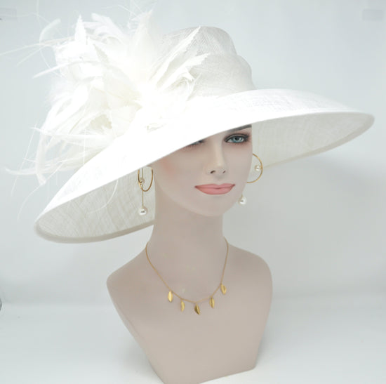 White Sinamay Kentucky Derby Hat: Feather Flowers Wide Brim