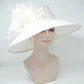 White Sinamay Kentucky Derby Hat: Feather Flowers Wide Brim