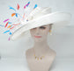 White Sinamay Derby Hat: Wide Brim Feathered Church Wedding Hat