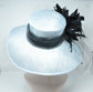 Powder Blue Sinamay Derby Hat: Black Feather Flowers & Netting