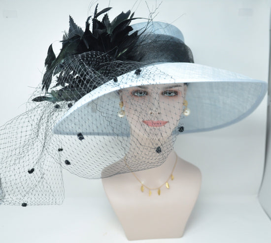 Powder Blue Sinamay Derby Hat: Black Feather Flowers & Netting