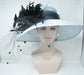 Powder Blue Sinamay Derby Hat: Black Feather Flowers & Netting