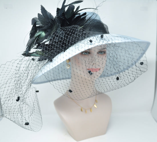 Powder Blue Sinamay Derby Hat: Black Feather Flowers & Netting
