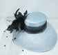 Powder Blue Sinamay Derby Hat: Black Feather Flowers & Netting
