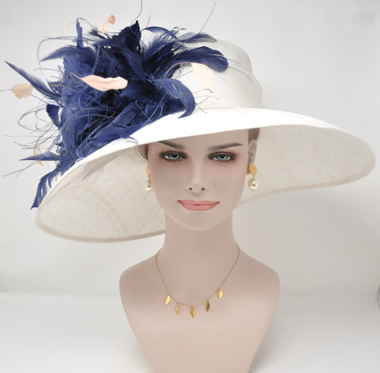 Wide Brim Sinamay Derby Hat: White, Navy Blue Feather Flower