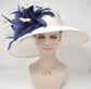 Wide Brim Sinamay Kentucky Derby Hat: White, Navy Blue Feather Flower