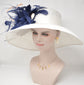 Wide Brim Sinamay Kentucky Derby Hat: White, Navy Blue Feather Flower