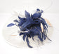 Wide Brim Sinamay Kentucky Derby Hat: White, Navy Blue Feather Flower
