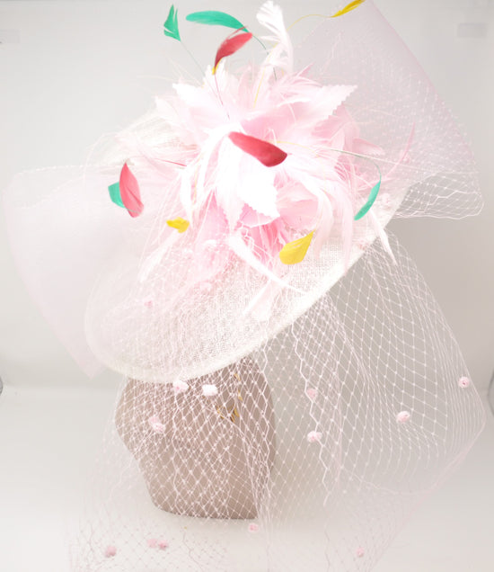 Wide Brim Sinamay Derby Hat: Feather Flower Royal Ascot Fascinator