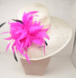 Church Kentucky Derby HatCarriage Tea Party Wedding Wide Brim   Sinamay Hat Ivory  w Hot Pink Feather Flower and Black  Feathers