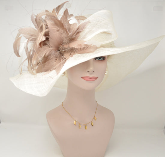 Wide Brim Sinamay Derby Hat: Ivory Feather Flower Church Hat