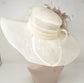 Wide Brim Sinamay Derby Hat: Ivory Feather Flower Church Hat