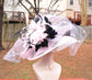 Wide Brim Sinamay Derby Hat: White, Black & Pink Feathered Church Hat
