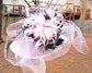 Wide Brim Sinamay Derby Hat: White, Black & Pink Feathered Church Hat