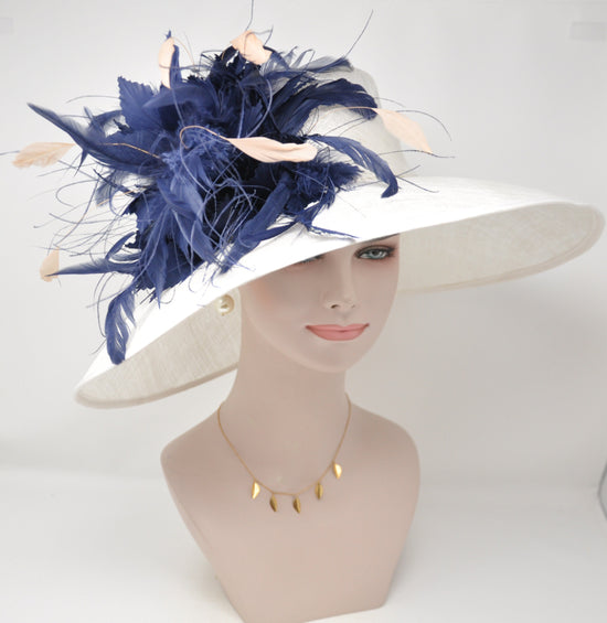 Wide Brim Sinamay Kentucky Derby Hat: White, Navy Blue Feather Flower