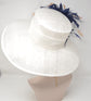 Wide Brim Sinamay Kentucky Derby Hat: White, Navy Blue Feather Flower