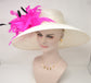 Church Kentucky Derby HatCarriage Tea Party Wedding Wide Brim   Sinamay Hat Ivory  w Hot Pink Feather Flower and Black  Feathers