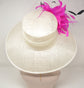 Church Kentucky Derby HatCarriage Tea Party Wedding Wide Brim   Sinamay Hat Ivory  w Hot Pink Feather Flower and Black  Feathers
