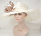 Wide Brim Sinamay Derby Hat: Ivory Feather Flower Church Hat