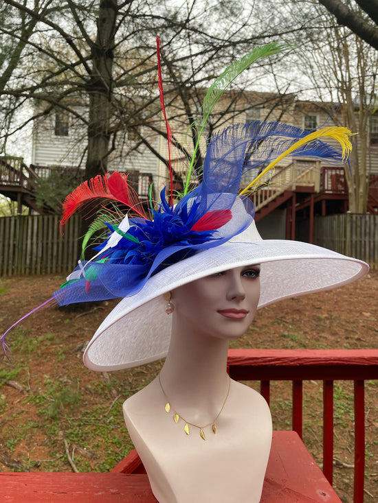 Wide Brim Kentucky Derby Hat: White Sinamay Feather Ascot Hat