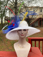 Wide Brim Kentucky Derby Hat: White Sinamay Feather Ascot Hat