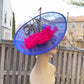 Royal Blue Sinamay Disc Fascinator Hat with   Handmade Silk Flowers and Feathers