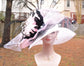 Wide Brim Sinamay Derby Hat: White, Black & Pink Feathered Church Hat