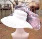 Wide Brim Sinamay Derby Hat: White, Black & Pink Feathered Church Hat
