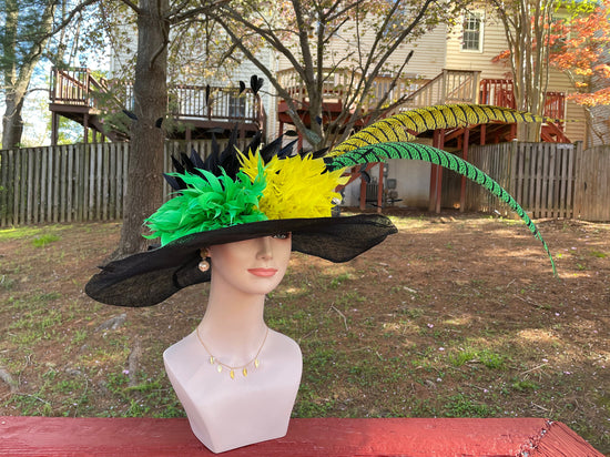 Feather Flower Kentucky Derby Hat: Black Sinamay Wide Brim with Pheasant Feathers