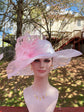 White Sinamay Derby Hat: Pink Feather Wide Brim Tea Party Hat