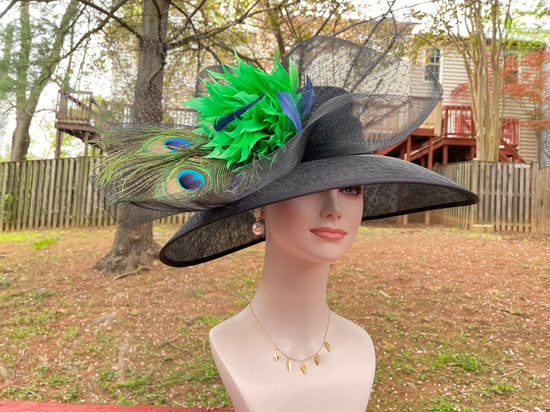 Black Kentucky Derby Hat: Green Feather Peacock Fascinator