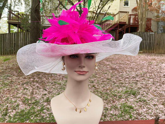 Sinamay Derby Hat: White Wide Brim with Hot Pink Feather Flower