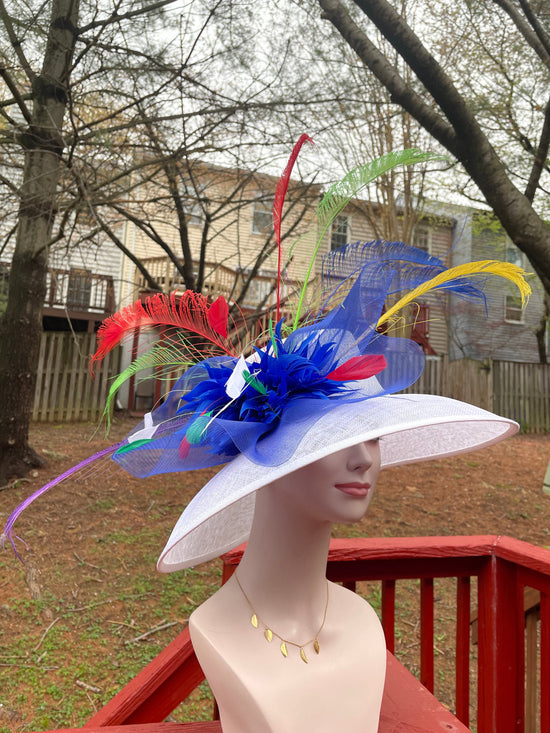 Wide Brim Derby Hat: White Sinamay Feather Ascot Hat