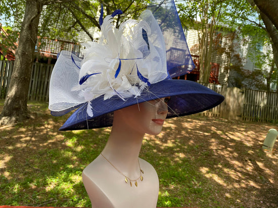 Royal Blue Sinamay Derby Hat, Wide Brim Feather Ascot Fascinator