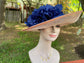 Wide Brim Sinamay Derby Hat: Peach & Navy Satin Flowers