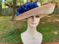 Wide Brim Sinamay Derby Hat: Peach & Navy Satin Flowers