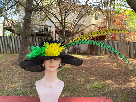 Feather Flower Derby Hat: Black Sinamay Wide Brim with Pheasant Feathers