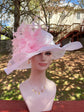 White Sinamay Derby Hat: Pink Feather Wide Brim Tea Party Hat