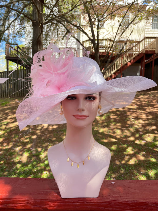White Sinamay Derby Hat: Pink Feather Wide Brim Tea Party Hat