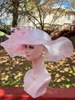 White Sinamay Derby Hat: Pink Feather Wide Brim Tea Party Hat