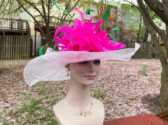 Sinamay Kentucky Derby Hat: White Wide Brim with Hot Pink Feather Flower