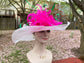 Sinamay Kentucky Derby Hat: White Wide Brim with Hot Pink Feather Flower